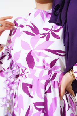 Karışık Desenli Terikoton Elbise Mor - Thumbnail