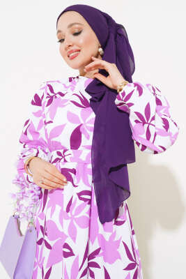 Karışık Desenli Terikoton Elbise Mor - Thumbnail