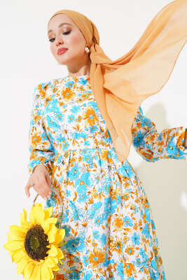 Karışık Desenli Terikoton Elbise Camel - Thumbnail