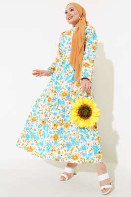 Karışık Desenli Terikoton Elbise Camel - Thumbnail