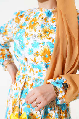 Karışık Desenli Terikoton Elbise Camel - Thumbnail