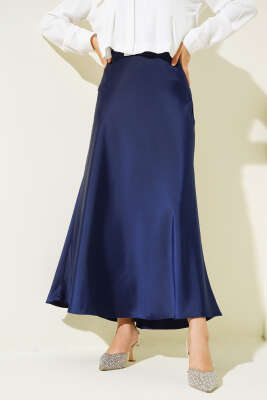Yan Fermuarlı Saten Etek Lacivert - Thumbnail