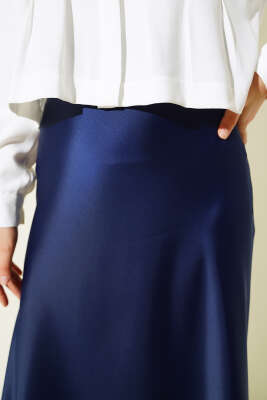 Yan Fermuarlı Saten Etek Lacivert - Thumbnail