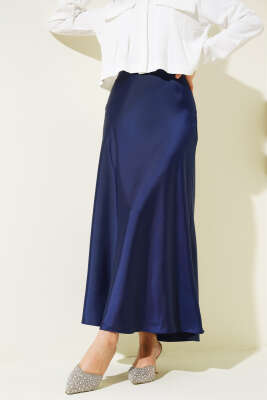Yan Fermuarlı Saten Etek Lacivert - Thumbnail