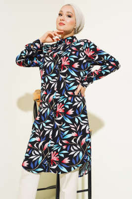 Pazarium - Karışık Desen Gizli Düğmeli Gömlek Siyah Mavi