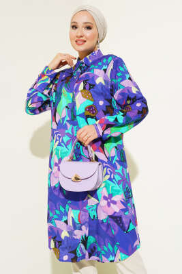 Pazarium - Karışık Desen Gizli Düğmeli Gömlek Mor