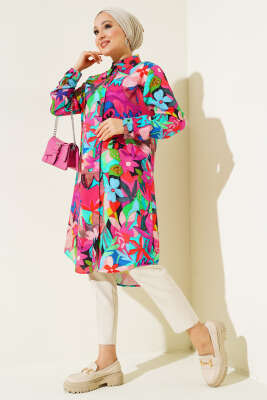 Pazarium - Karışık Desen Gizli Düğmeli Gömlek Fuşya