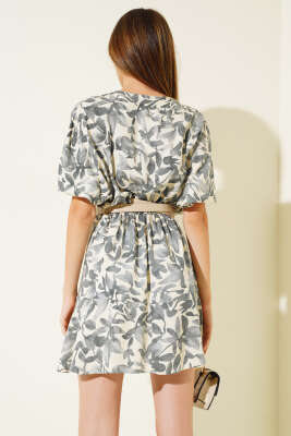 V Yaka Desenli Mini Elbise Füme - Thumbnail