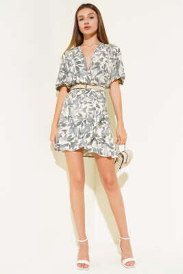 V Yaka Desenli Mini Elbise Füme - Thumbnail