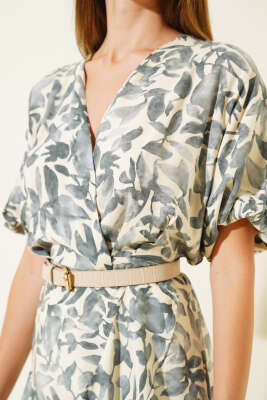 V Yaka Desenli Mini Elbise Füme - Thumbnail