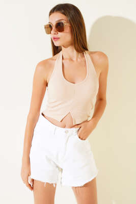 Pazarium - Boyundan Geçirmeli Kaşkorse Crop Bej