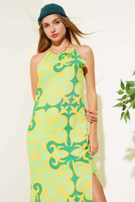 Etnik Desenli İp Askılı Elbise Yeşil - Thumbnail