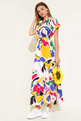 Bel Lastikli Kısa Kol Elbise Bej - Thumbnail