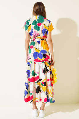 Bel Lastikli Kısa Kol Elbise Bej - Thumbnail