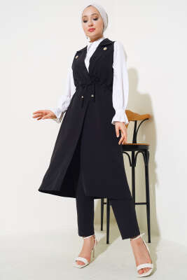 Bel Tünelli Yelekli Dabıl İkili Takım Siyah - Thumbnail