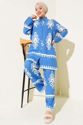 Pazarium - Etnik Desenli Viskon İkili Takım Mavi