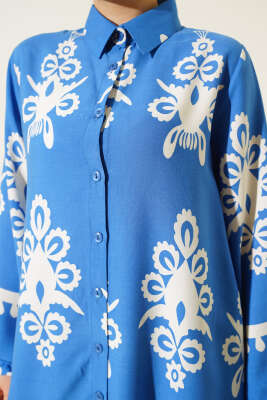 Etnik Desenli Viskon İkili Takım Mavi - Thumbnail