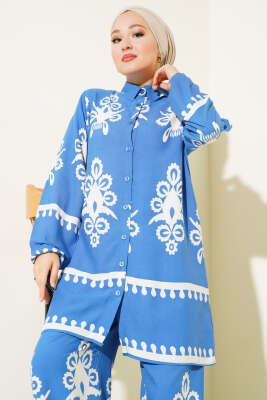 Etnik Desenli Viskon İkili Takım Mavi - Thumbnail