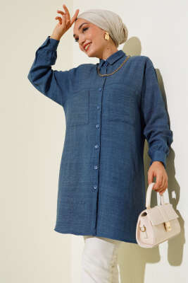 Çift Cepli Salaş Keten Gömlek İndigo - Thumbnail