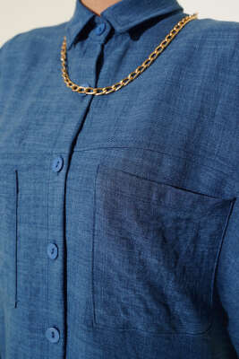 Çift Cepli Salaş Keten Gömlek İndigo - Thumbnail