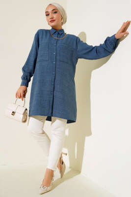 Çift Cepli Salaş Keten Gömlek İndigo - Thumbnail