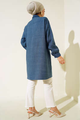 Çift Cepli Salaş Keten Gömlek İndigo - Thumbnail