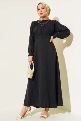 Önü Piliseli Keten Elbise Antrasit - Thumbnail