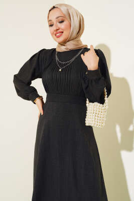 Önü Piliseli Keten Elbise Antrasit - Thumbnail