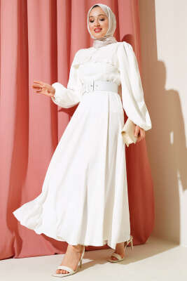 Pelerinli Kemerli Saten Elbise Ekru - Thumbnail