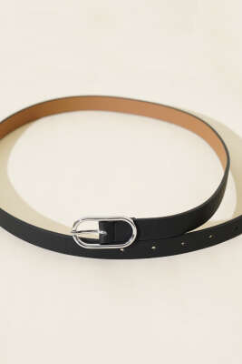 Oval Tokalı İnce Kemer Siyah Gümüş - Thumbnail