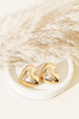 Bombeli Büyük Kalp Küpe Gold - Thumbnail