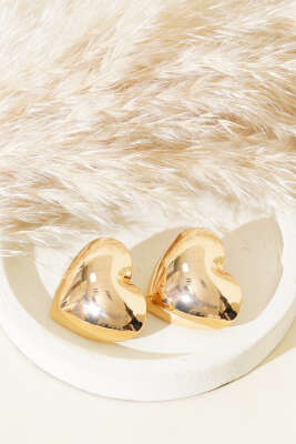 Bombeli Büyük Kalp Küpe Gold - Thumbnail