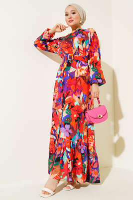 Pazarium - Karışık Desen Boydan Düğmeli Elbise Kiremit