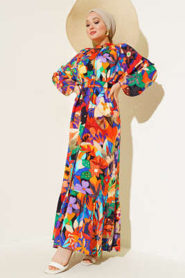 Pazarium - Karışık Desen Boydan Düğmeli Elbise Hardal