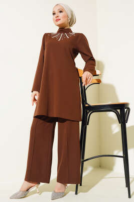 Önü İncili İkili Takım Kahve - Thumbnail