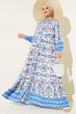 Pazarium - Boy Düğmeli Viskon Elbise Mavi Kahve