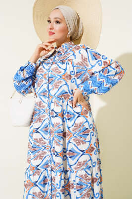 Boy Düğmeli Viskon Elbise Mavi Kahve - Thumbnail