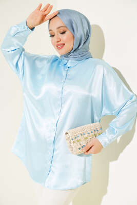 Pazarium - Saten Yarasa Kol Gömlek Buz Mavisi