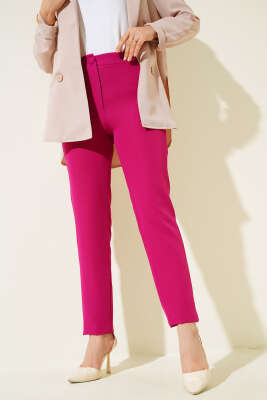 Pazarium - Dar Paça Düğmeli Pantolon Mürdüm