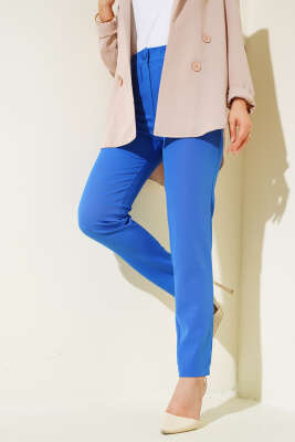 Dar Paça Düğmeli Pantolon Saks - Thumbnail