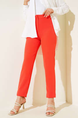 Pazarium - Dar Paça Düğmeli Pantolon Alizarin