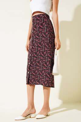 Desenli Boy Düğmeli Midi Etek Siyah Kırmızı - Thumbnail
