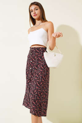 Desenli Boy Düğmeli Midi Etek Siyah Kırmızı - Thumbnail