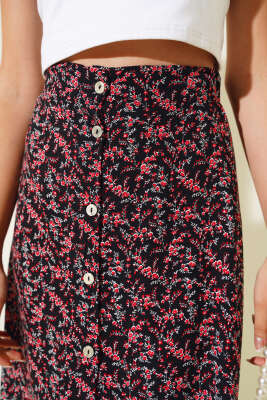 Desenli Boy Düğmeli Midi Etek Siyah Kırmızı - Thumbnail