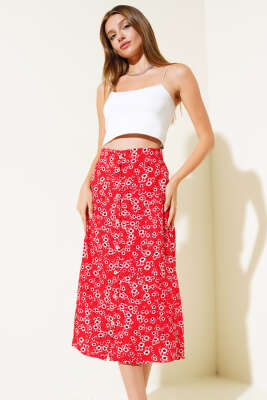 Desenli Boy Düğmeli Midi Etek Kırmızı - Thumbnail
