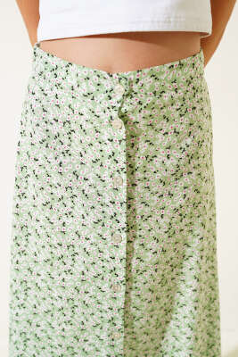 Desenli Boy Düğmeli Midi Etek Fıstık Yeşili - Thumbnail