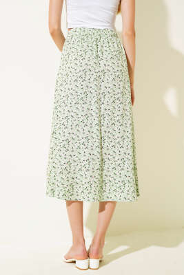 Desenli Boy Düğmeli Midi Etek Fıstık Yeşili - Thumbnail