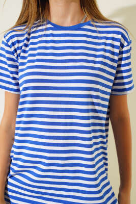 Çizgili Viskon Salaş T-shirt Saks - Thumbnail