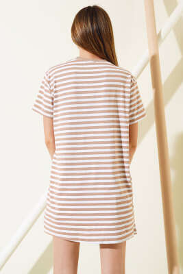 Çizgili Viskon Salaş T-shirt Latte - Thumbnail