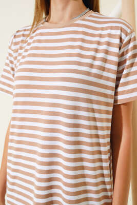 Çizgili Viskon Salaş T-shirt Latte - Thumbnail